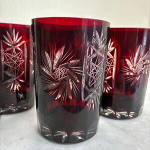 SET OF 6 RUBY RED BOHEMIAN CRYSTAL CUT TO CLEAR WHISKEY TUMBLER BAR GLASSES
